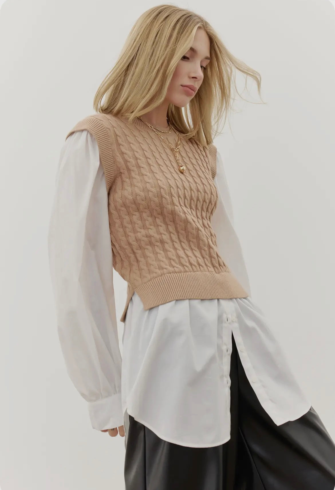 Cable Knit Mixed Media Shirt Top