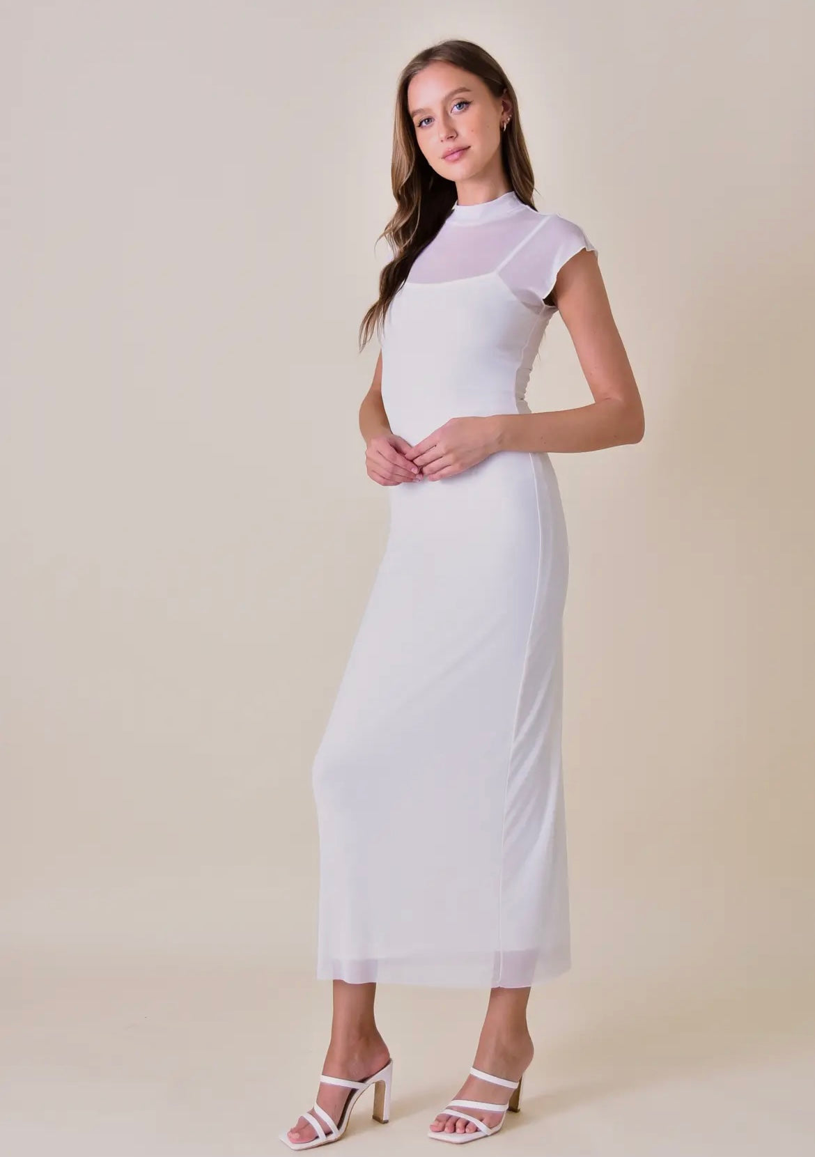 Chic Minimalist Mock Neck Cap Sleeve Maxi DRESS