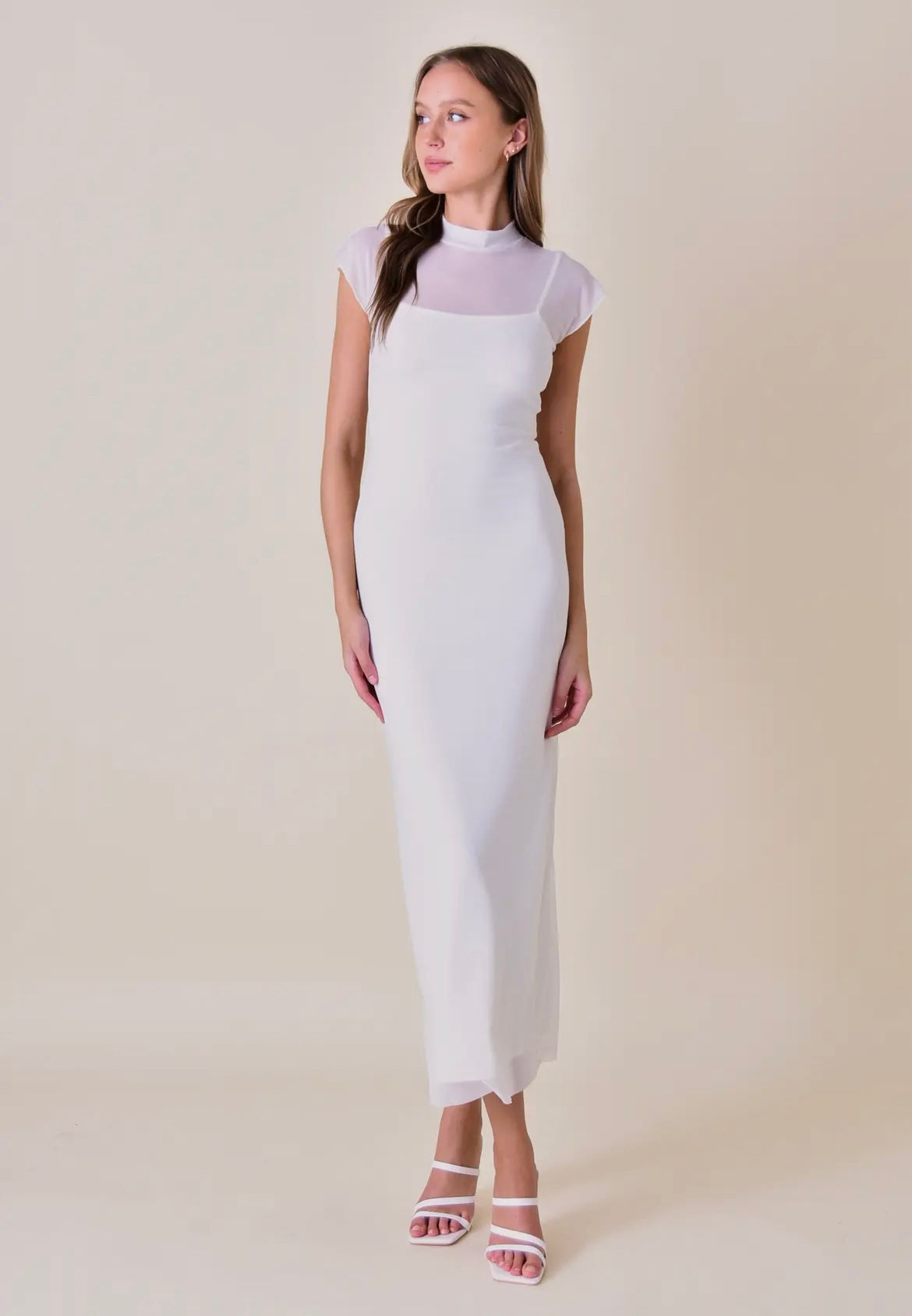 Chic Minimalist Mock Neck Cap Sleeve Maxi DRESS