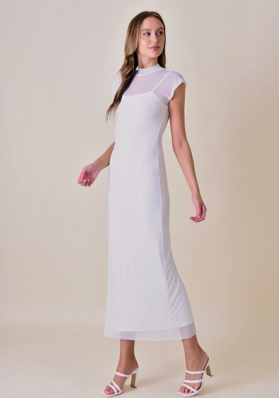 Chic Minimalist Mock Neck Cap Sleeve Maxi DRESS