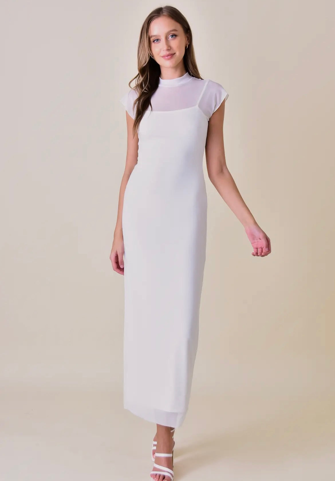 Chic Minimalist Mock Neck Cap Sleeve Maxi DRESS